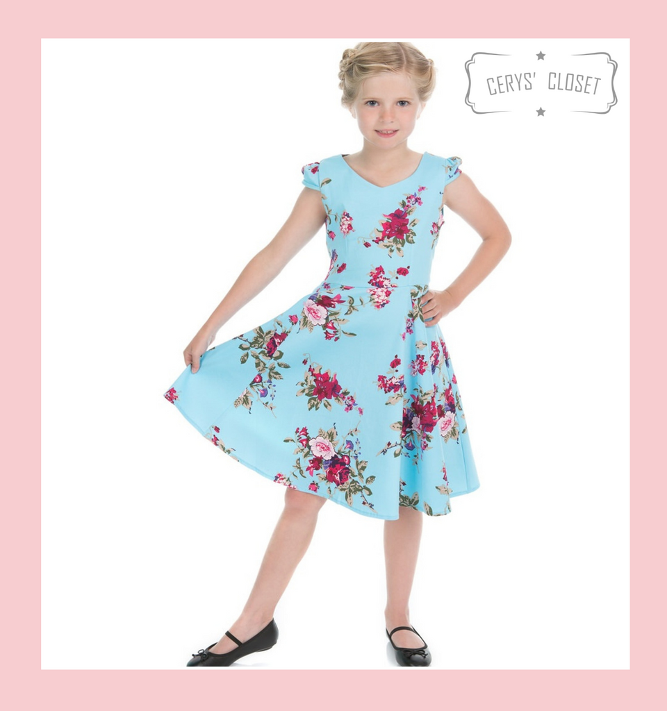 BLUE AND PINK FLORAL 50S INSPIRED CHILDRENS SWING DRESS WITH CAP SLEEVES AND SWEETHEART NECKLINE - DARCEY