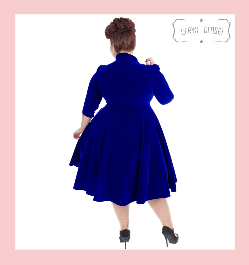 Hearts and Roses London Velvet 3/4 Sleeve 50s Vintage Inspired Tea Dress with Cute Collar and Pockets - Blue
