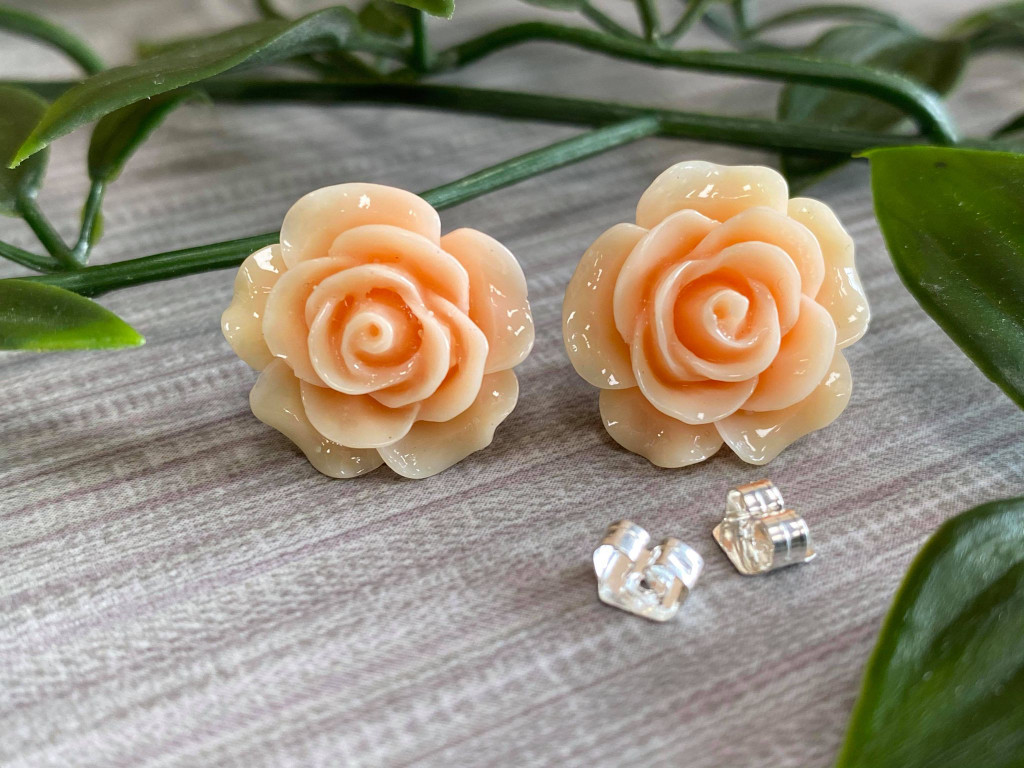 Handmade By Sue Resin Rose Earrings with Stainless Steel Post Studs - Peach