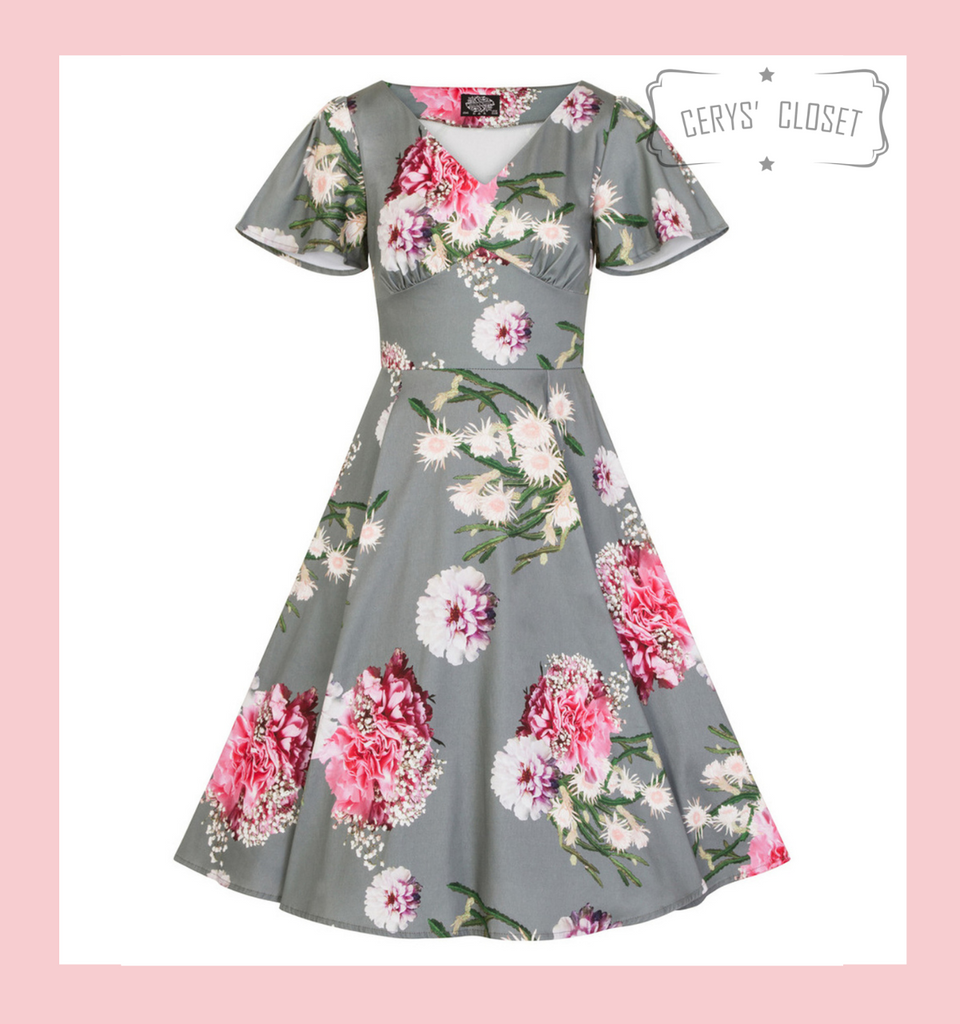 Hearts and Roses London Green and Pink Floral Fluted Sleeve 50s Vintage Inspired Swing Dress - Alisha at Cerys' Closet