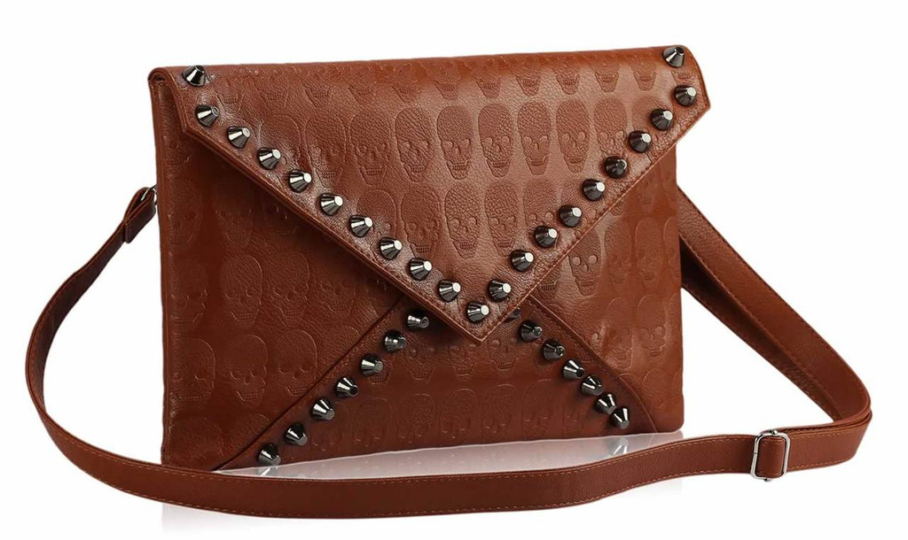 Skull Embossed and Studded Envelope Clutch Bag - Brown