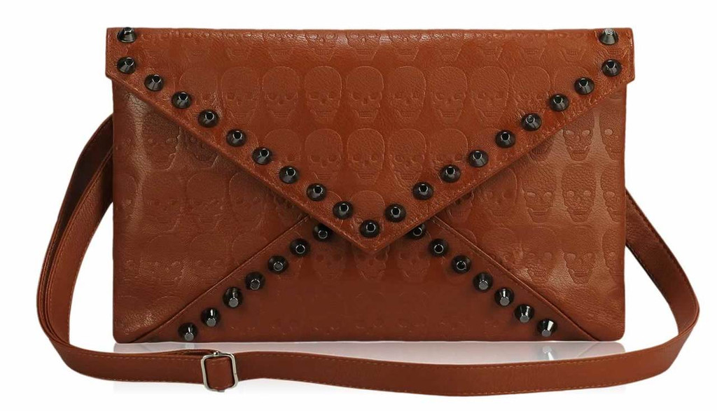 Skull Embossed and Studded Envelope Clutch Bag - Brown