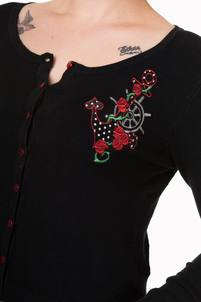Black Scoop Neck Cardigan With Embroidered Anchor and Rose Embellishments