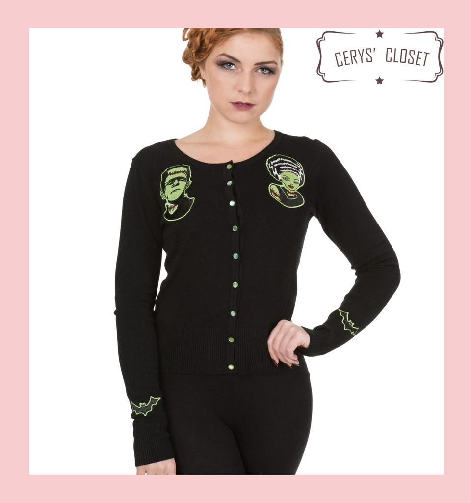 Black Scoop Neck Cardigan With Embroidered Frankenstein and Bride Embellishments