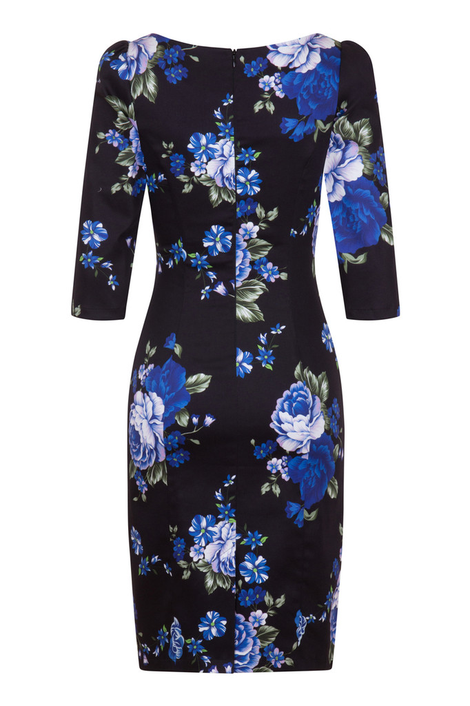 SALE - Vintage Style Blue Rose Wiggle Dress - Gina