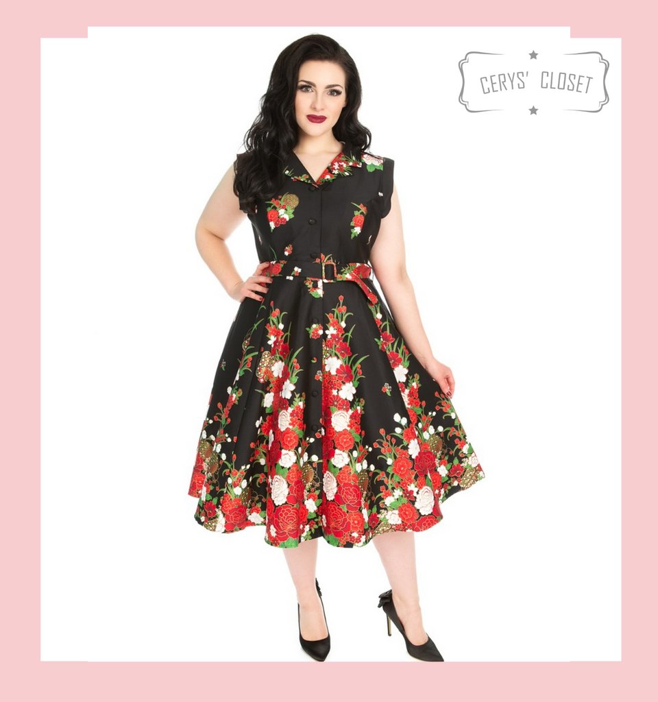 Hearts and Roses London Black Red and Gold Oriental Inspired 50s Vintage Faux Shirt Swing Dress at Cerys' Closet