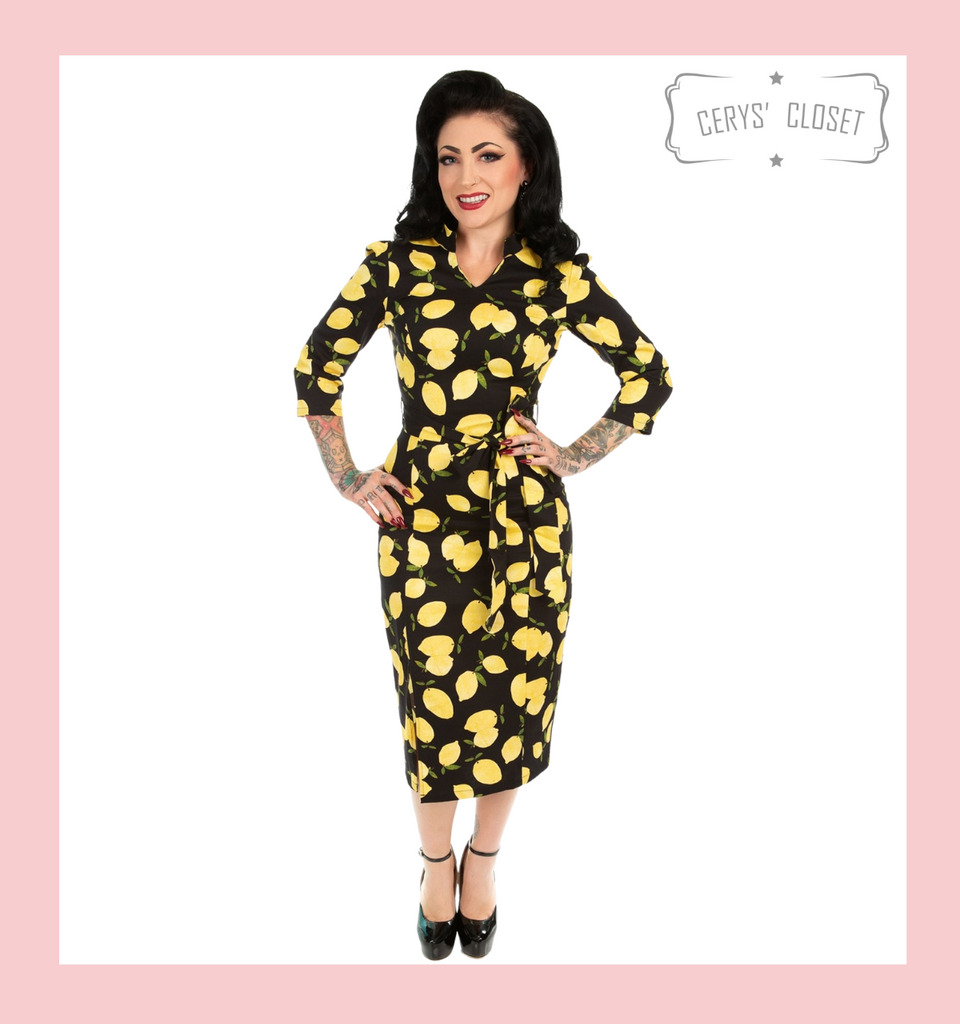 Hearts and Roses London Lemon and Black 50s Vintage Inspired Wiggle Dress with 3/4 Sleeves - Cecelia at Cerys' Closet