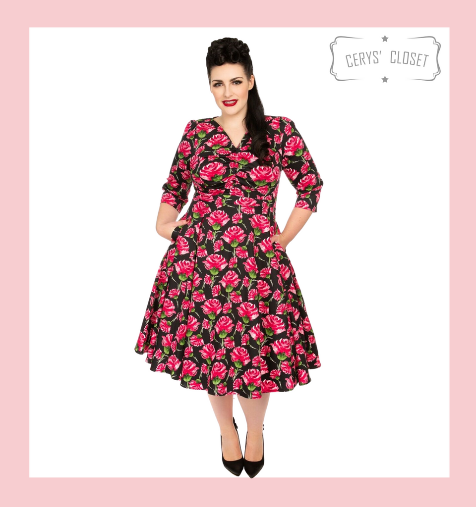 Hearts and Roses London Vibrant Pink Rose 3/4 Sleeve 50s Vintage Inspired Swing Style Dress - Sadie at Cerys' Closet