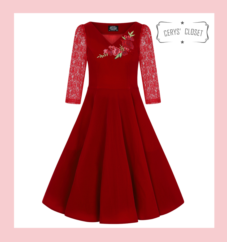 Hearts and Roses London Dress 50s Vintage Inspired Swing Dress Velvet with Lace 3/4 Sleeves and Rose Embroidered Applique Detail - Holly Red
