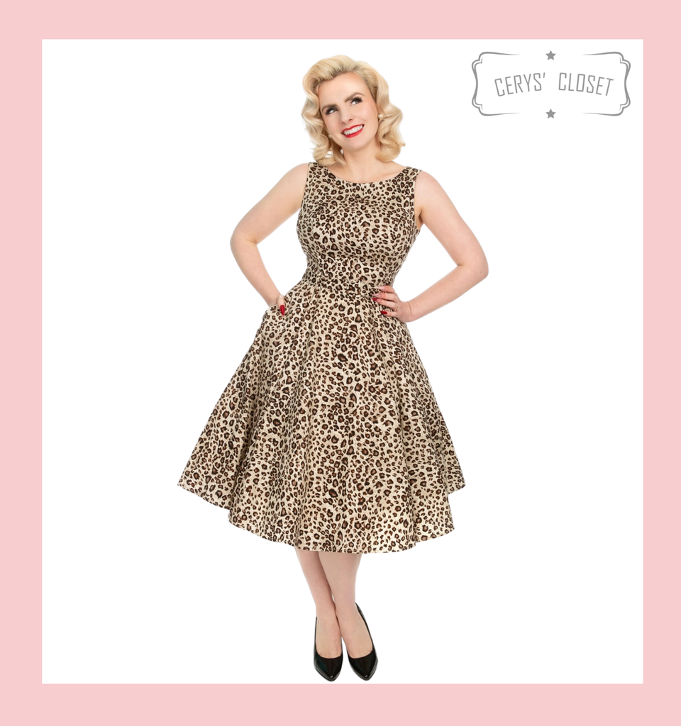 Hearts and Roses London Leopard Print Audrey 50s Vintage Inspired Swing Dress with Belted Waist - Leona at Cerys' Closet