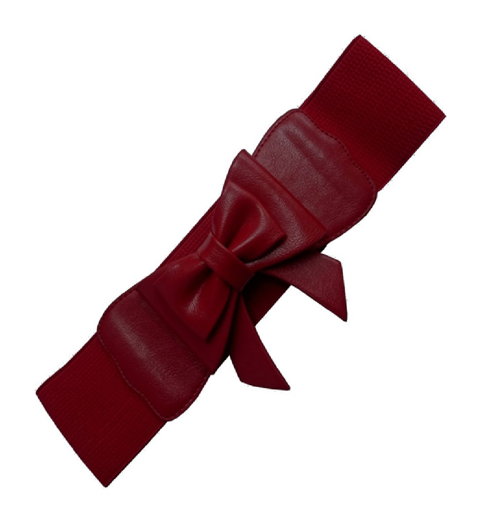 50s Vintage Inspired Faux Leather Elasticated Waspie Bow Belt - Burgundy