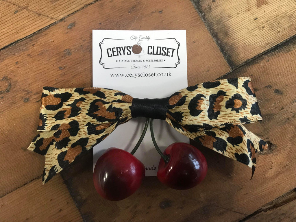 Leopard Print Bow and Cherry Hair Clip