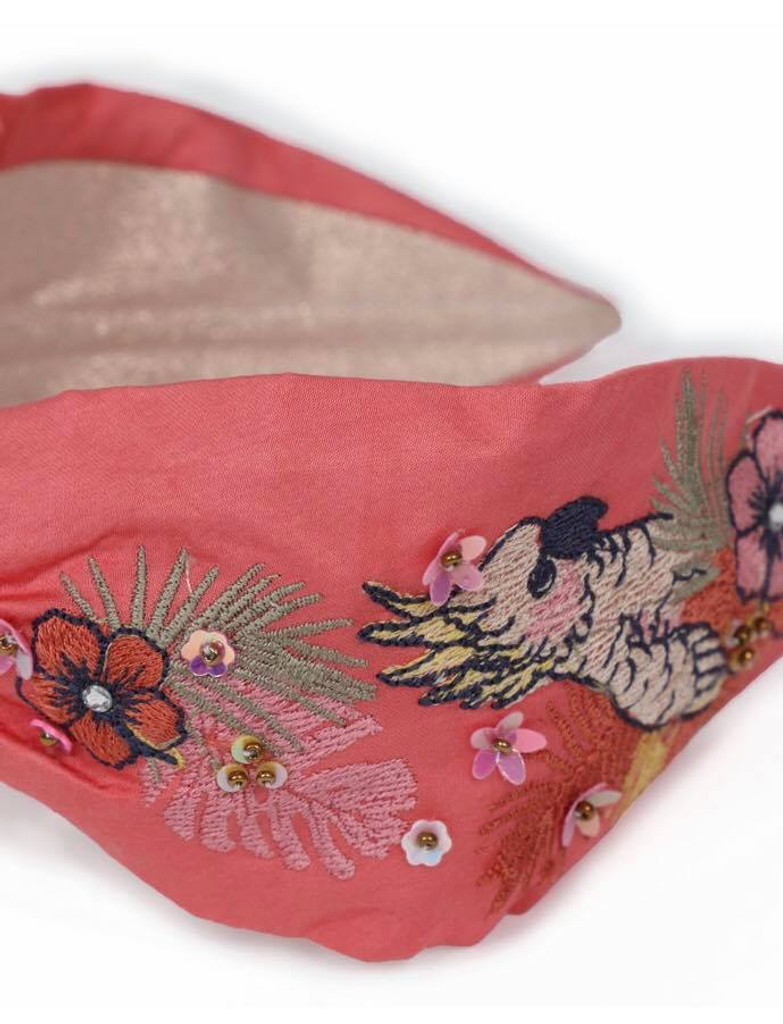 Hand Finished Embroidered Coral Cockatoo Hairband by Powder