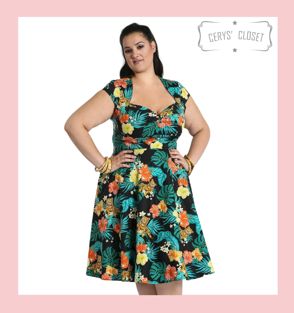 Hell Bunny Tropical Floral and Tiger Print Bali 50s Vintage Inspired Swing Dress