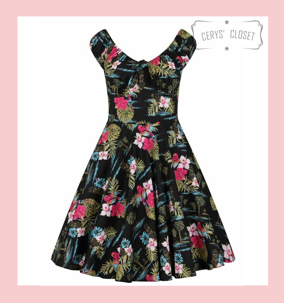 Hell Bunny Tropical Floral Parrot and Tiki Print 50s Vintage Inspired Swing Dress