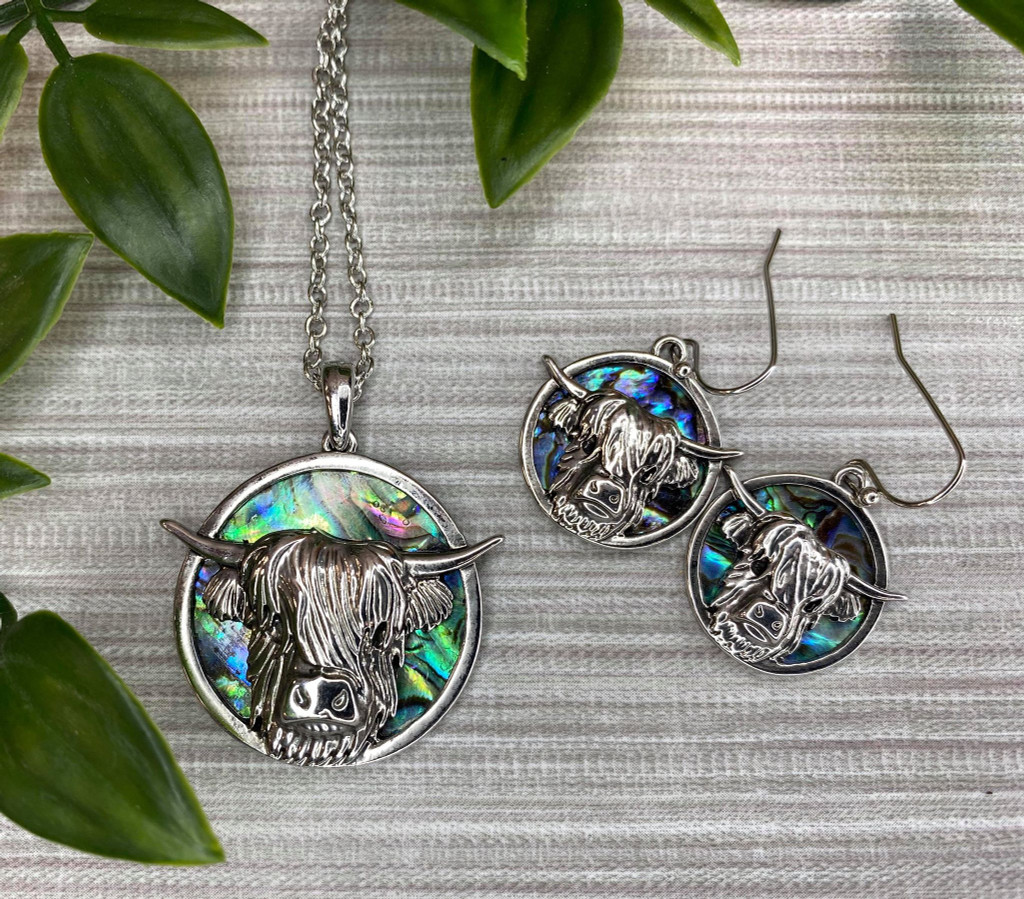 Paua Shell Highland Cow Necklace and Earrings Set