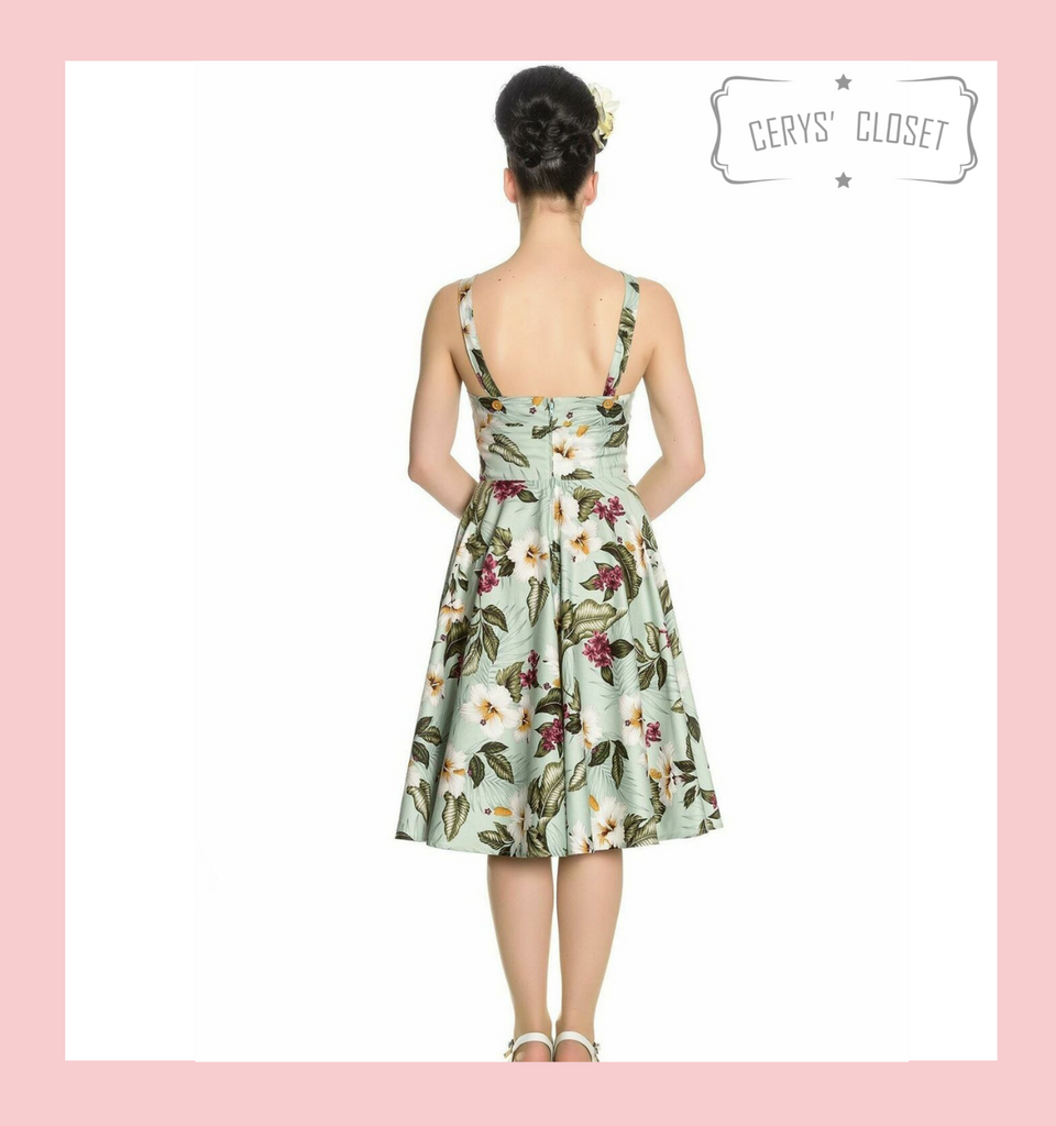 Hell Bunny Tahiti Mint Tropical Floral 50s Vintage Inspired Swing Dress at Cerys' Closet