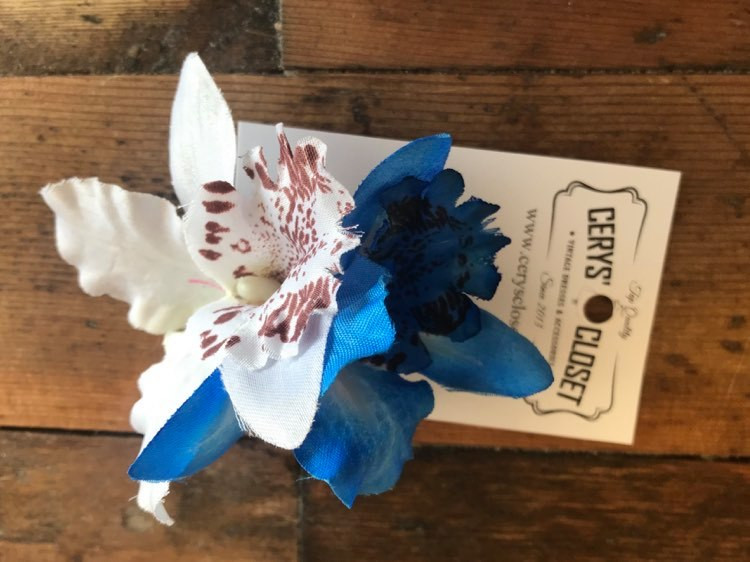 Blue and white double lily vintage hair flower clip