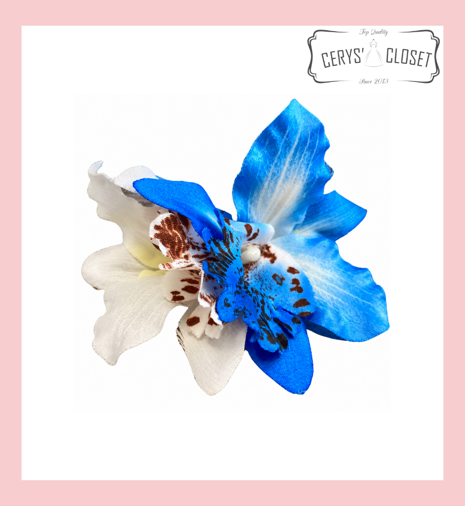 Blue and white double lily vintage hair flower clip