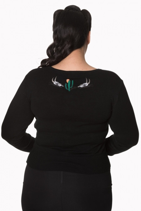 Black Scoop Neck Cardigan With Embroidered Cactus Skull Embellishments