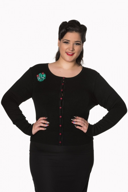 Black Scoop Neck Cardigan With Embroidered Cactus Skull Embellishments