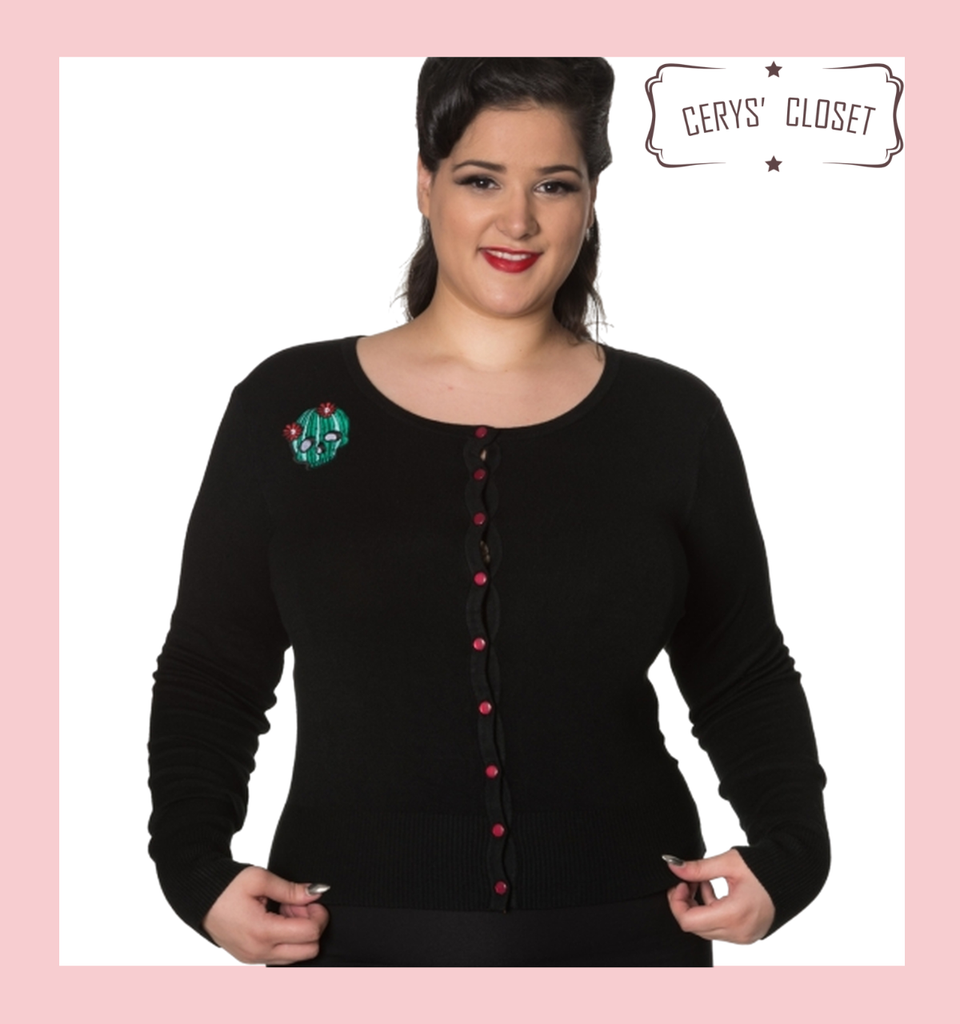 Black Scoop Neck Cardigan With Embroidered Cactus Skull Embellishments