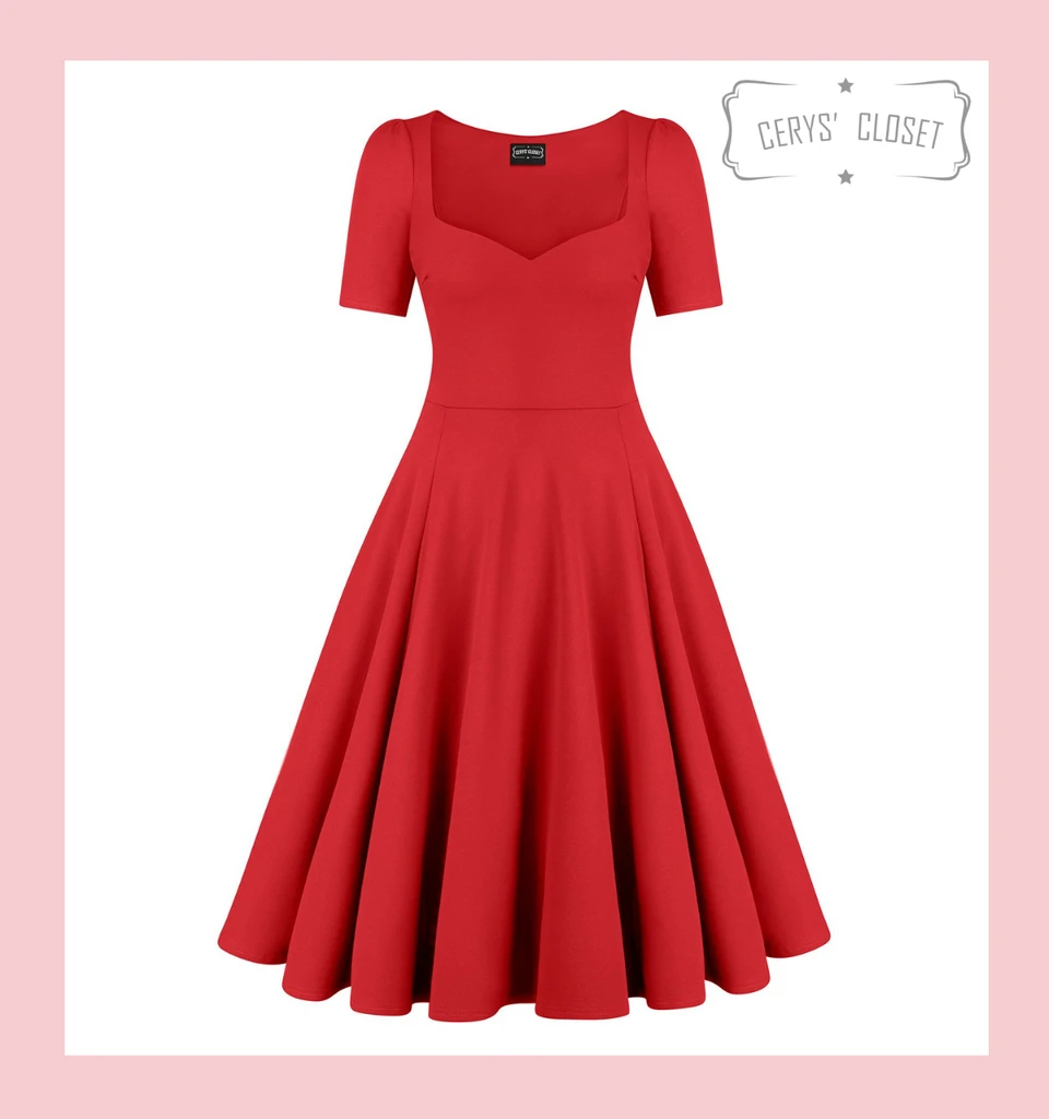 950s Vintage Style Red Swing Dress Full Circle Sweetheart Rockabilly Pin Up