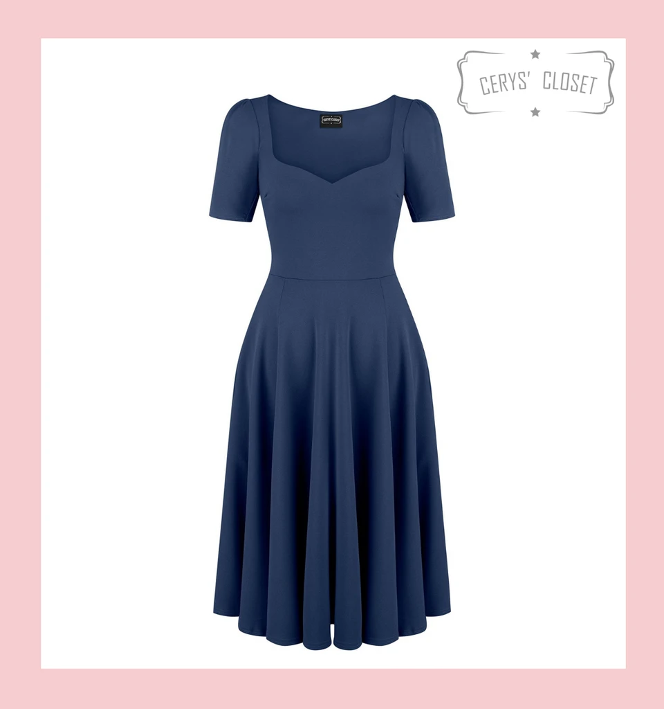 Navy Vera 50s vintage inspired sweetheart swing dress by Cerys' Closet