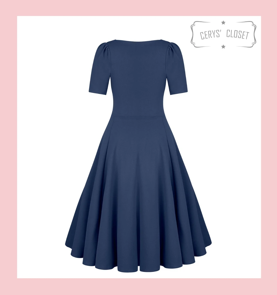 Back view of Navy Vera 50s vintage inspired swing dress