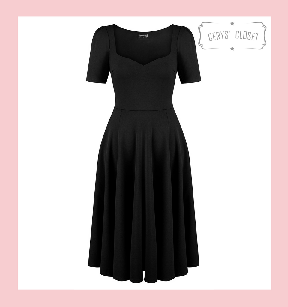 50s Vintage Inspired Vera Sweet Heart Swing Dress by Cerys' Closet in Black