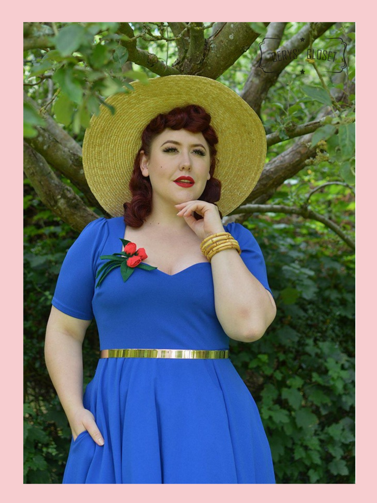 Royal Blue 1950s vintage inspired full circle Vera dress by Cerys' Closet. Made in the UK. Dress can be worn with or without the petticoat. Has a 4 panel full circle skirt with seam pockets, a sweetheart neckline and sleeves.

Ideal as bridesmaids dress, wedding guest dress, everyday dress. Worn by @miss_amy_may