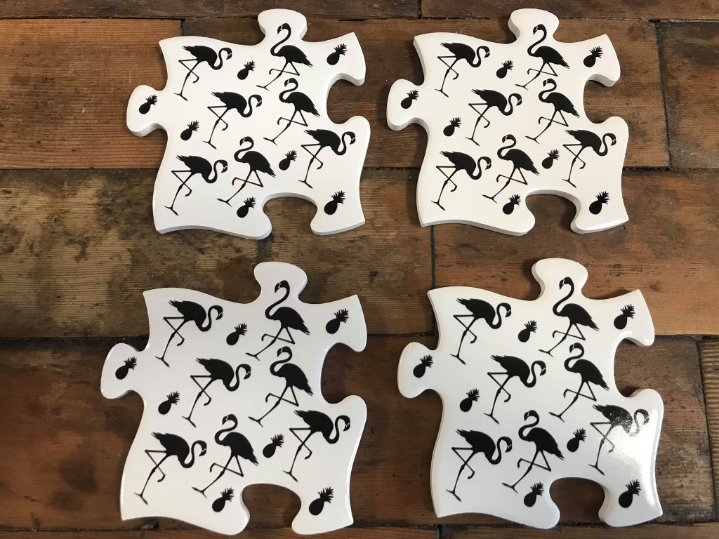 Jigsaw Coasters / Saucepan Trivet Black and White Ceramic with Cute Flamingo Design
