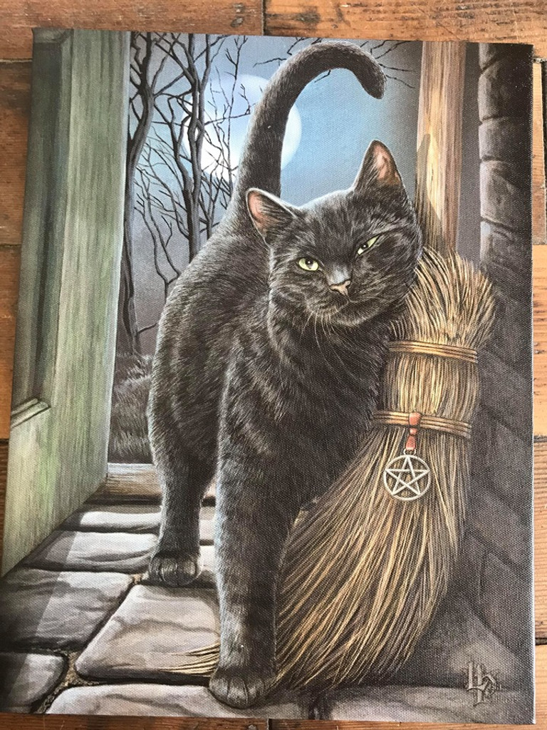 "Brush With Magick" Cat and Broom Canvas By Lisa Parker 19 x 25CM