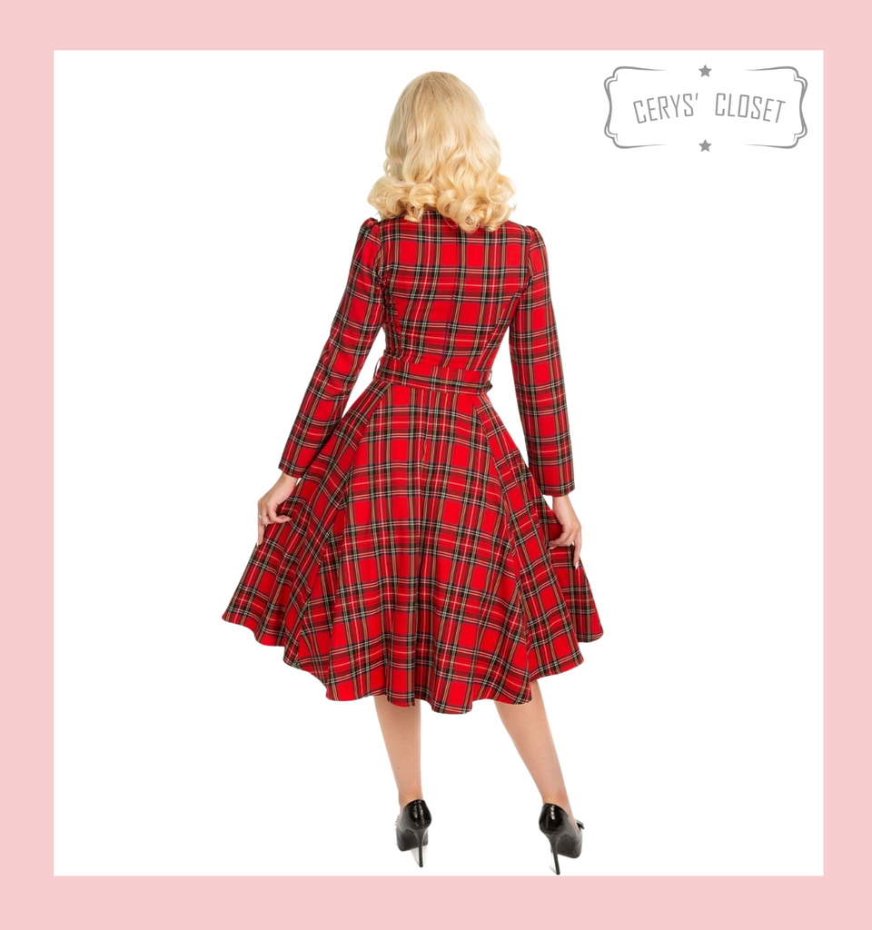  Highland Red Tartan Vintage Swing Dress with Long Sleeves Audrey Neckline and Belted Waist