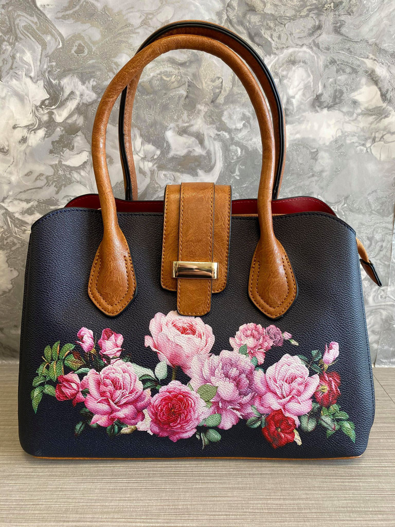 Floral Print Vintage Reproduction Style Faux Leather Zip Top Handbag with Slip Pockets - Navy