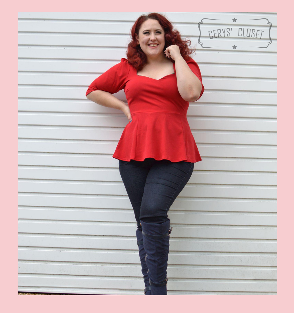Red Peplum Top 50s Vintage Style Rockabilly Pin Up Retro Sweetheart 3/4 Sleeve Miss Amy May