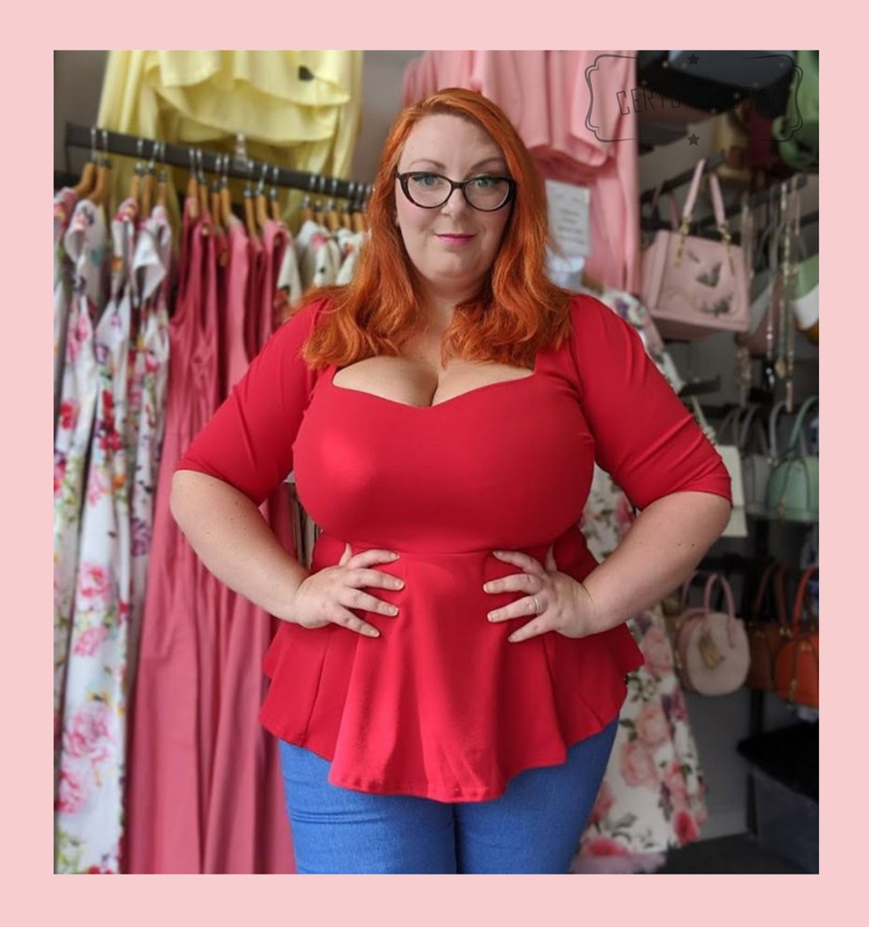 Red Peplum Top 50s Vintage Style Rockabilly Pin Up Retro Sweetheart 3/4 Sleeve