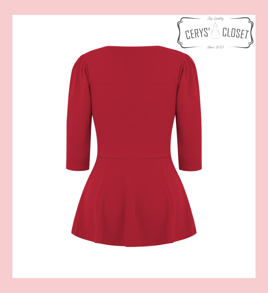 Red Peplum Top 50s Vintage Style Rockabilly Pin Up Retro Sweetheart 3/4 Sleeve