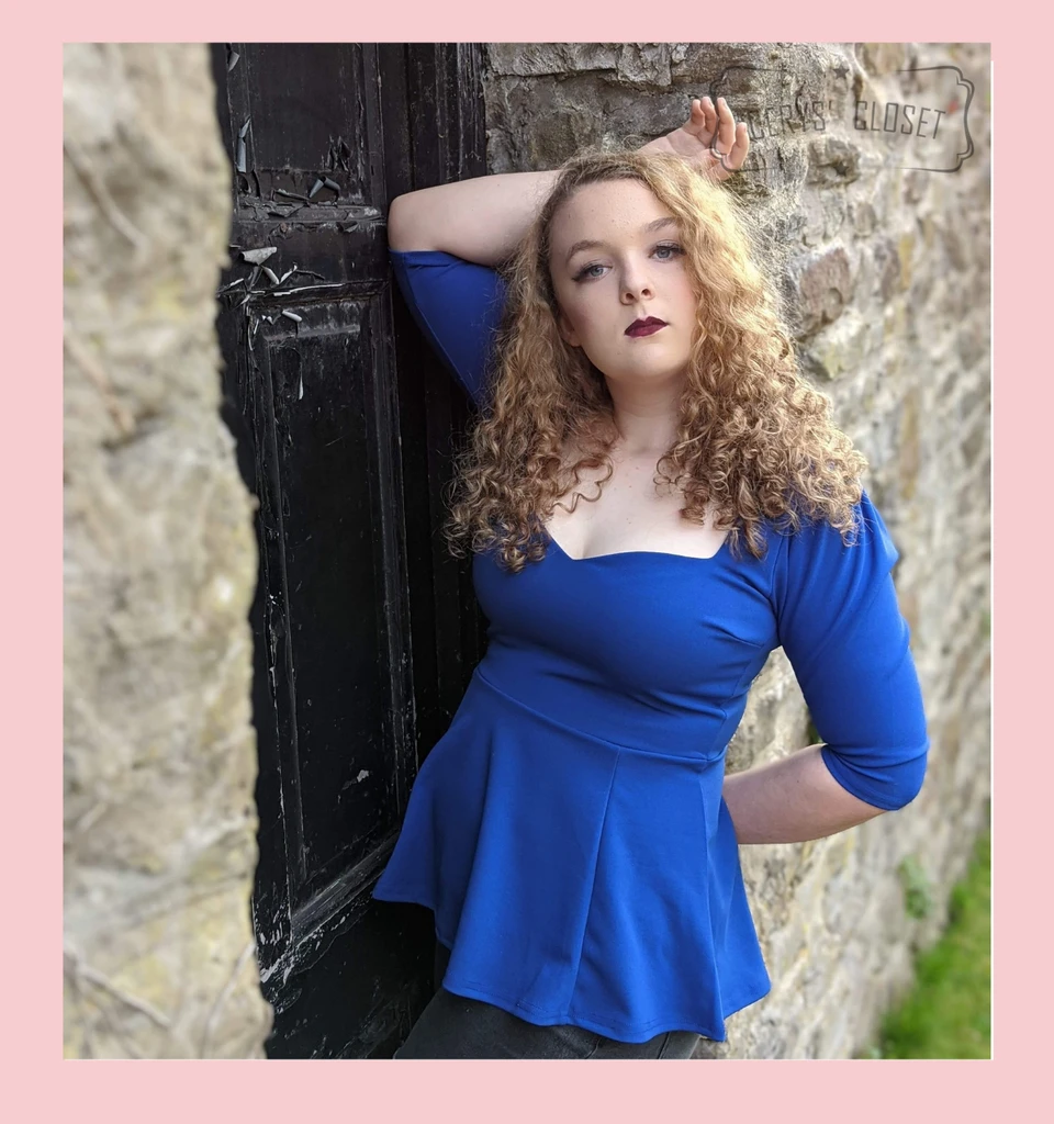 Cerys' Closet  Blue Peplum Top 1950s Vintage Style Rockabilly Pin Up Retro Sweetheart 3/4 Sleeve