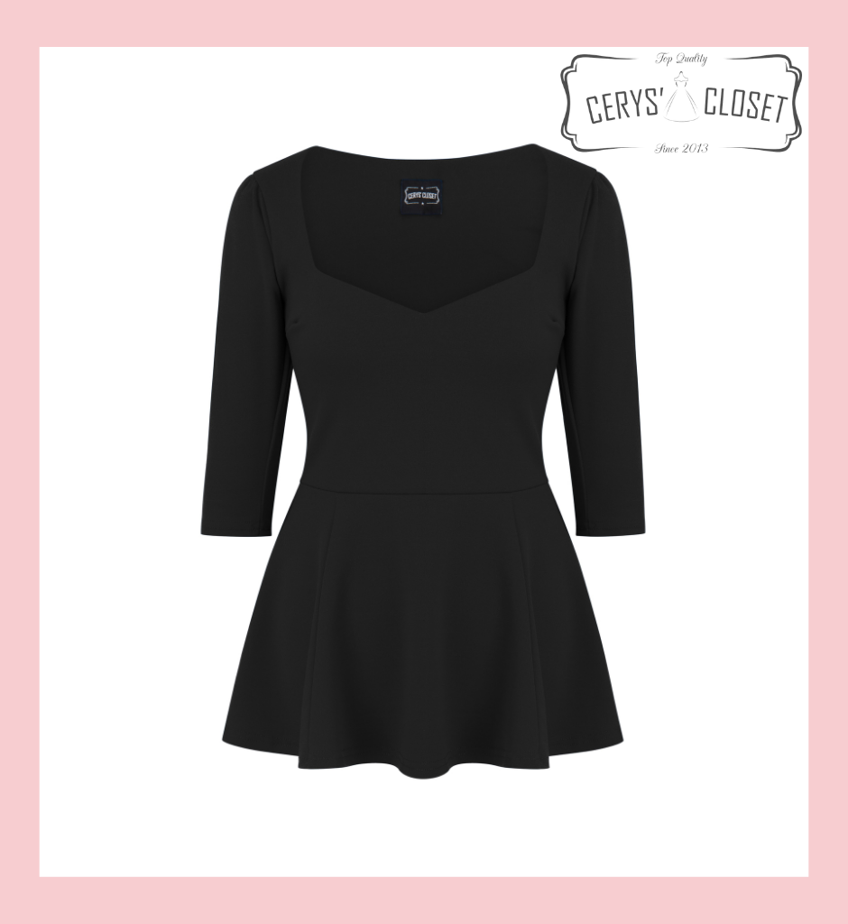 Black Peplum Top 50s Vintage Style Rockabilly Pin Up Retro Sweetheart 3/4 Sleeve