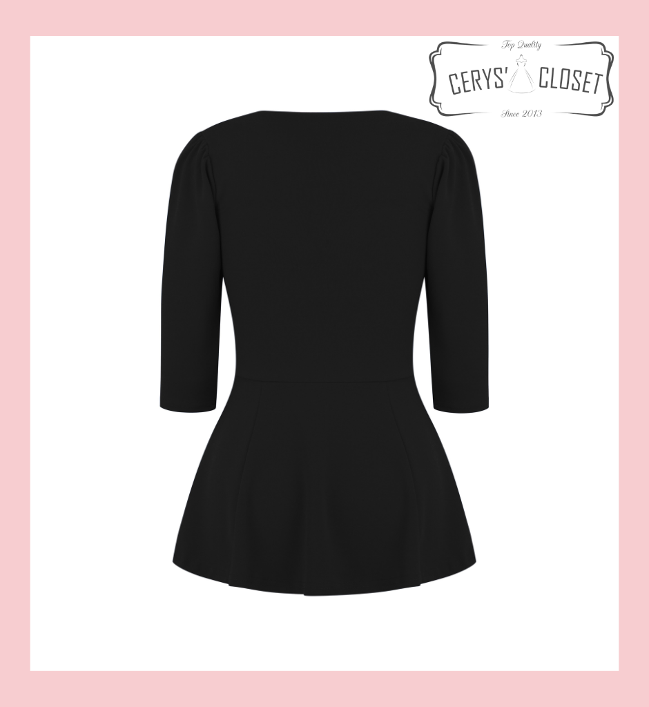 Black Peplum Top 50s Vintage Style Rockabilly Pin Up Retro Sweetheart 3/4 Sleeve