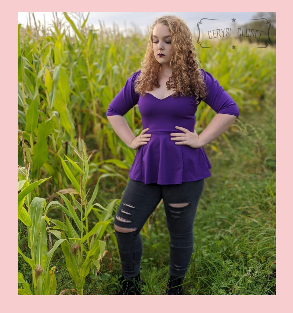 The Betty Peplum Sweetheart Neckline peplum top with 3/4 sleeves by Cerys' Closet - Purple