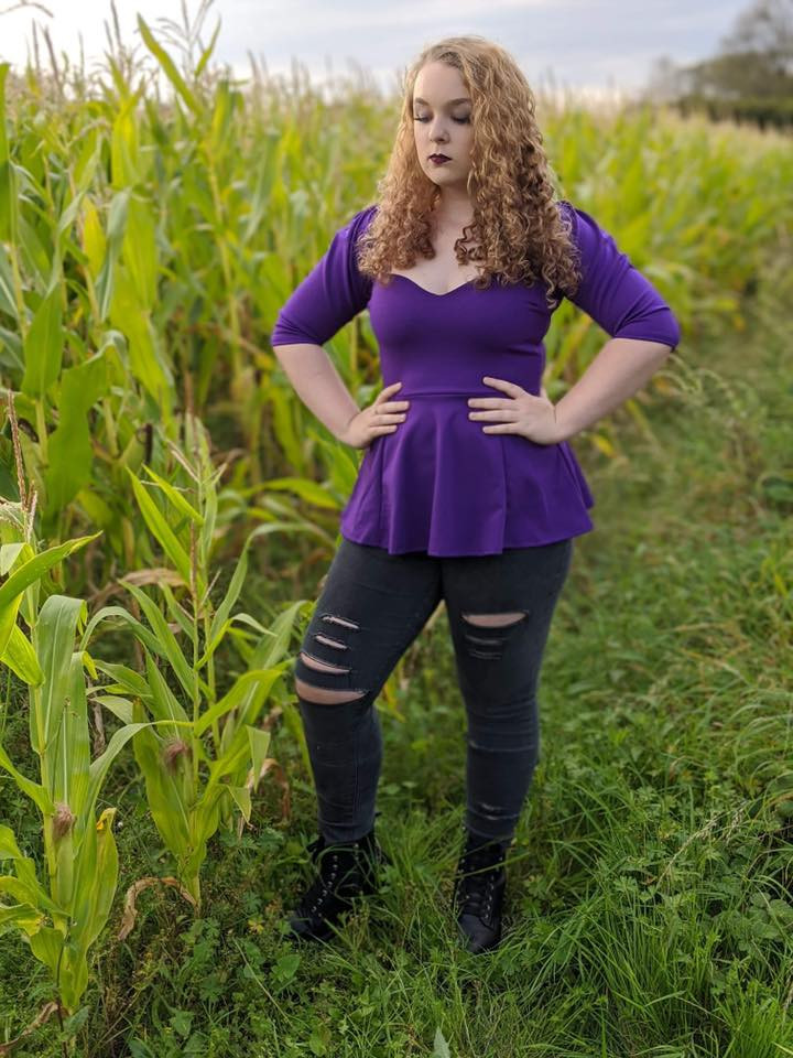 Peplum Sweetheart Neckline peplum top with 3/4 sleeves by Cerys' Closet - Purple
