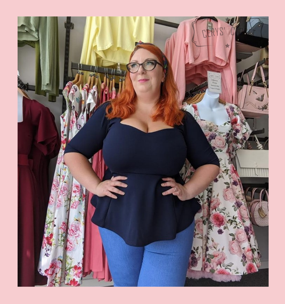 Cerys' Closet Navy Peplum Top 1950s Vintage Style Rockabilly Pin Up Retro Sweetheart 3/4 Sleeve