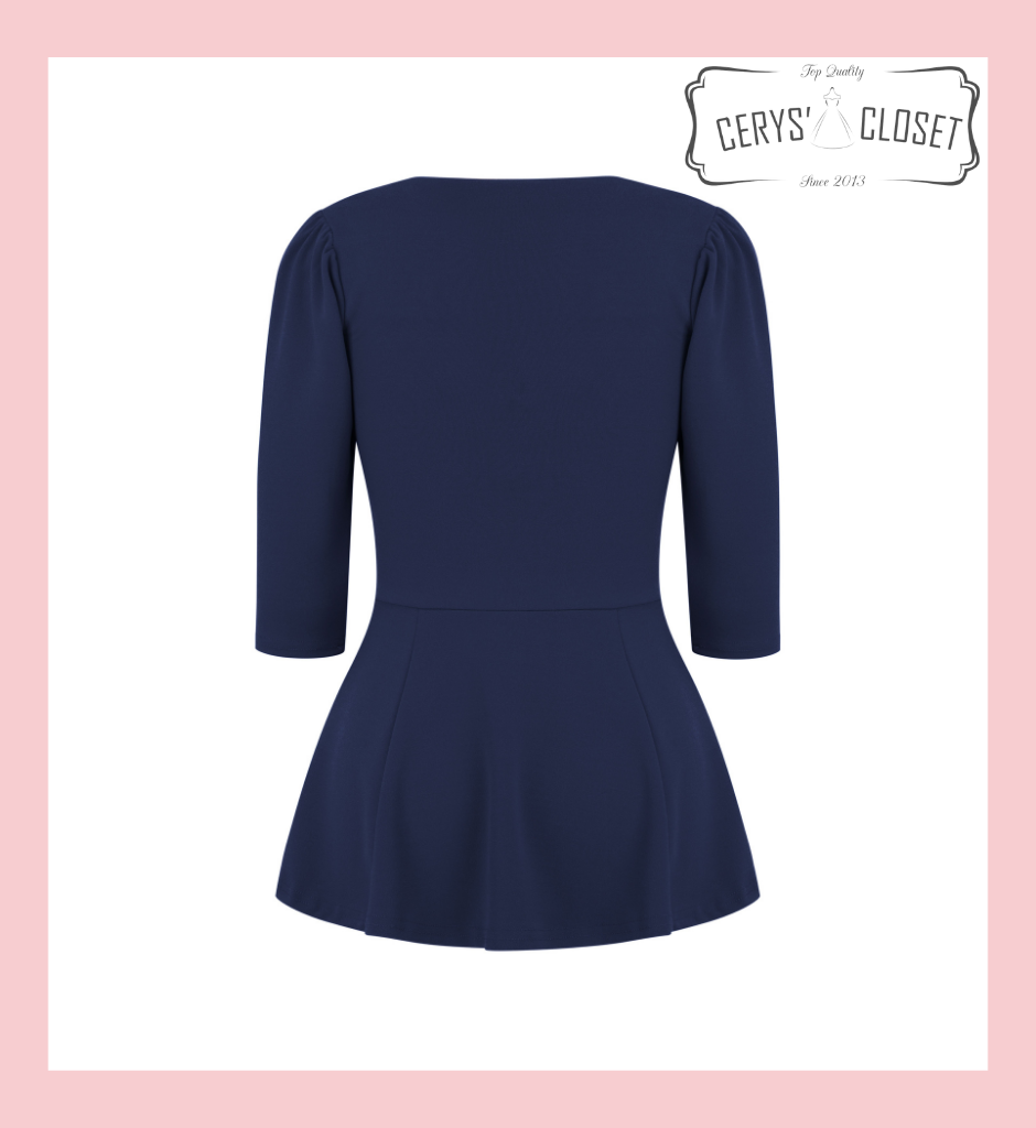 Cerys' Closet Navy Peplum Top 1950s Vintage Style Rockabilly Pin Up Retro Sweetheart 3/4 Sleeve