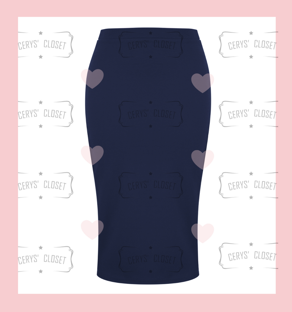 The Bang Bang Vintage Style Pencil Skirt by Cerys' Closet in Navy.
Fitted pencil skirt, body con skirt with lots of stretch.