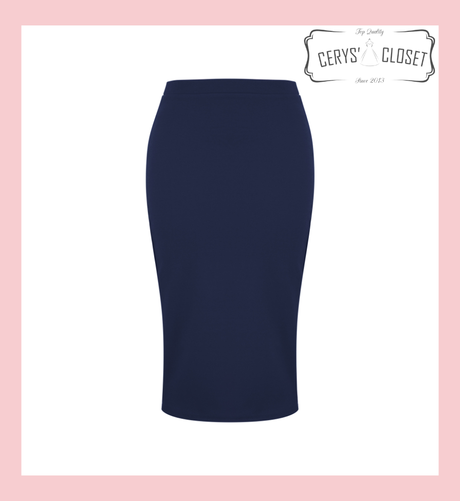 Navy Pencil Skirt High Waist Wiggle Midi 50s Vintage Rockabilly Pin Up Retro