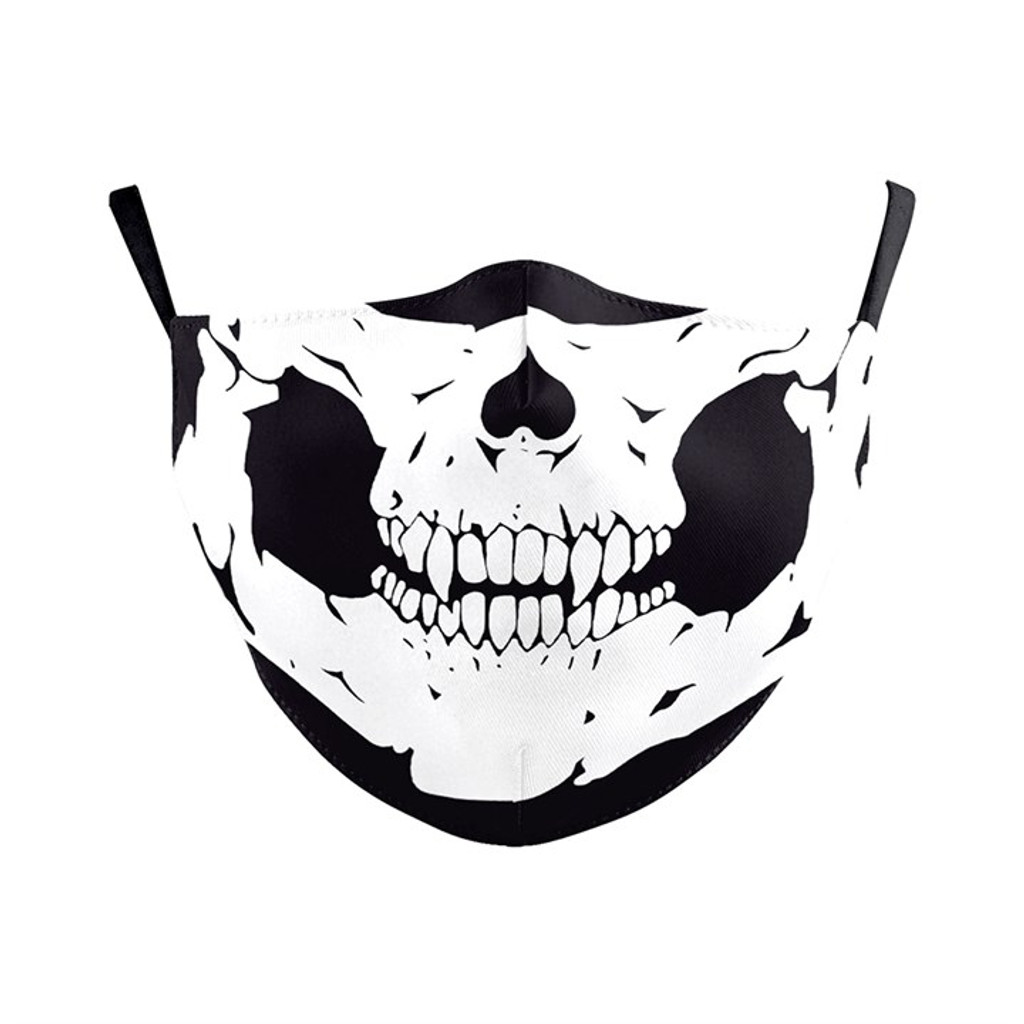 Black and White Skull with Fangs Adjustable Double Layered Face Mask with Filter Opening