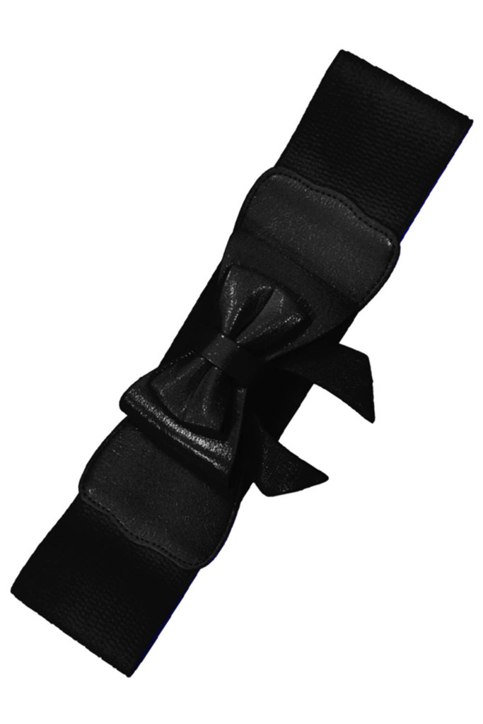 50s Vintage Inspired Faux Leather Elasticated Waspie Bow Belt - Black