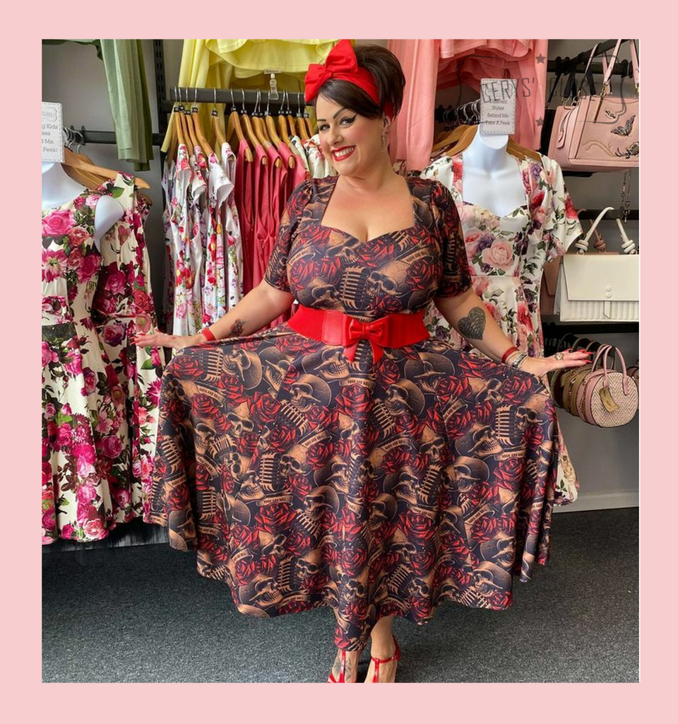 50s Vintage Inspired Vera Sweet Heart Swing Dress by Cerys' Closet Skull, Roses and Vintage Microphone Rock n Roll LIMITED EDITION PRINT